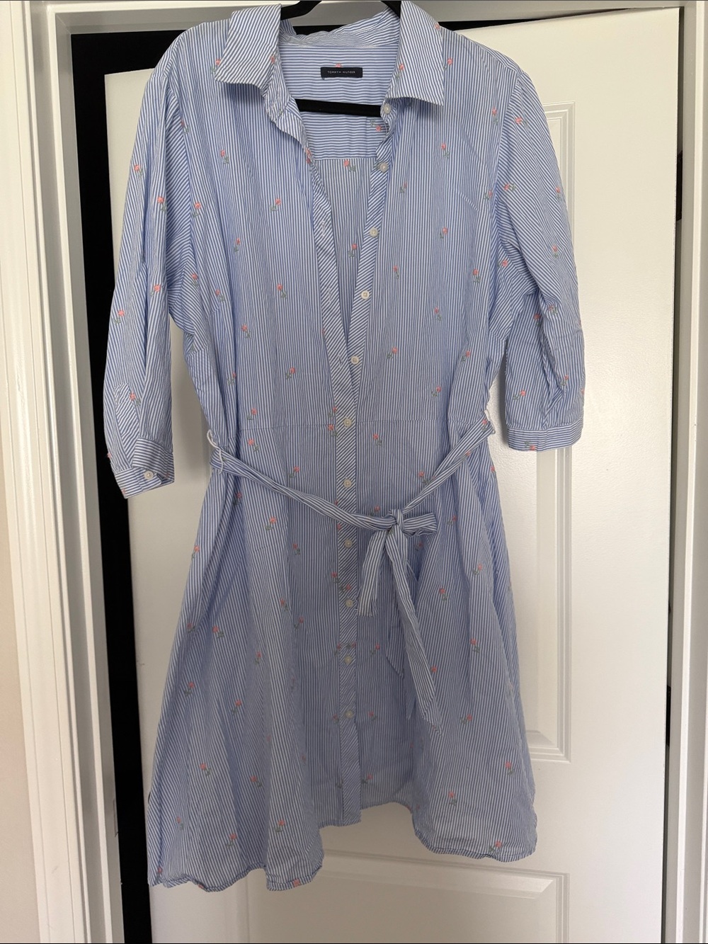 Tommy Hilfiger Light Blue Striped Shirt Dress with Pink Flower Embroidery